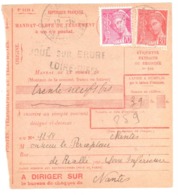 JOUE Sur Erdre Loire Inf Mandat Carte Formule 1418 Taxe Factage 1F Mercure 70c 30c Yv 412 416 Centre CCPNantes Ob 1940 - Cartas & Documentos