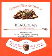 étiquette + Collerette De Vin Beaujolais 1978 Lerousseau Euvrard à Arc En Barrois - 98 Cl - Beaujolais