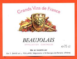 étiquette De Vin Beaujolais T David Et L Foillard à Saint Georges De Reneins - 75 Cl - Beaujolais