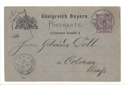 24065 -  Entier Postal Königreich Bayern Antwort Bezahlt Muenchen 28.10.1887 Pour Colmar France - Postkarten - Gebraucht