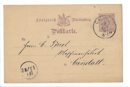 24066 -  Entier Postal Königreich Württemberg Calw 14.02.1884 Pour Canstatt - Postkarten - Gebraucht