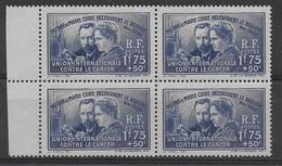 1938 - YVERT N° 402 ** MNH BLOC De 4 BORDS DE FEUILLE ! - COTE = 108 EUR. - CURIE - Nuovi