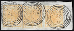 1850 - 5 Cent. Giallo Arancio (1g), Tre Esemplari, Perfetti, Usati Su Frammento Ad Ostiglia 28/6. A.... - Lombardo-Vénétie
