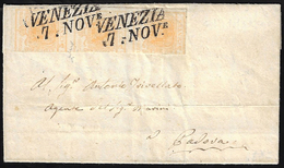 1851 - 5 Cent. Giallo Arancio (1g), Striscia Verticale Di Tre, Corta A Sinistra, Su Lettera Da Venez... - Lombardo-Vénétie