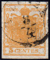 1850 - 5 Cent. Arancio Carico (1i), Perfetto, Usato A Vicenza 8/4. Cert. Ferchenbauer.... - Lombardije-Venetië