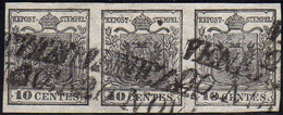 1850 - 10 Cent. Nero, Carta A Mano (2), Striscia Di Tre, Perfetta, Usata A Venezia 20/11. A.Diena, G... - Lombardo-Vénétie