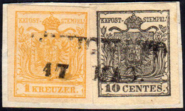 1850 - 10 Cent. Nero, Carta A Mano (2), In Affrancatura Mista Con 1 Kr. Giallo (Austria 1), Perfetti... - Lombardo-Venetien