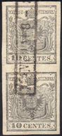 1850 - 10 Cent. Grigio Argenteo, I Tiratura (2a), Coppia Verticale, Perfetta, Usata A Mantova. Belli... - Lombardo-Venetien