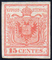 1850 - 15 Cent. Rosso, I Tipo, Carta A Mano (3), Nuovo Senza Gomma, Perfetto. Bello. Chiavarello.... - Lombardo-Venetien