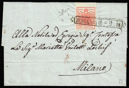 1851 - 15 Cent. Rosso Vermiglio, II Tipo, Carta A Mano, Varietà Di Clichè (4), Bordo Di Foglio, Perf... - Lombardy-Venetia