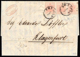 1852 - 15 Cent. Rosa, II Tipo, Carta A Mano (5), Striscia Di Tre, L'ultimo Esemplare Con Stampa Evan... - Lombardo-Venetien