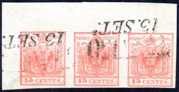 1852 - 15 Cent. Rosso, III Tipo, Carta A Mano (6), Striscia Di Tre, Angolo Di Foglio, Perfetta, Usat... - Lombardije-Venetië