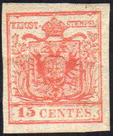 1850 - 15 Cent. Rosso Carminio, III Tipo, Carta A Mano (6i), Gomma Originale, Perfetto. Molto Fresco... - Lombardo-Vénétie
