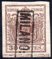1850 - 30 Cent. Bruno, I Tipo, Carta Leggermente Costolata, Grande Spazio Tipografico In Basso (7k),... - Lombardo-Vénétie