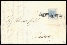1852 - 45  Cent. Azzurro, I Tipo, Carta A Mano, Bordo Di Foglio In Alto (10), Perfetto, Su Lettera D... - Lombardije-Venetië