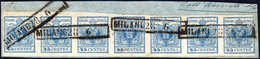 1855 - 45 Cent. Azzurro, III Tipo, Carta A Mano (12), Striscia Orizzontale Di Sette Esemplari, Legge... - Lombardo-Venetien