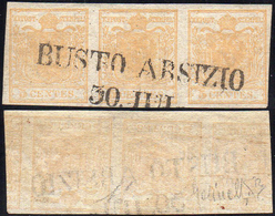 1851 - 5 Cent. Giallo Ocra, Stampa Recto-verso, Controstampa Capovolta (13), Striscia Orizzontale Di... - Lombardije-Venetië