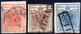 1851 - 15 Cent. Rosso Vermiglio, I Tipo, Assottigliato, 30 Cent. Bruno, I Tipo, 45 Cent. Azzurro, I ... - Lombardo-Vénétie