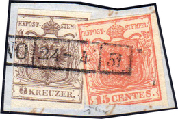 1851 - 15 Cent. Rosso Vermiglio, Carta A Coste Verticali, (14), In Affrancatura Mista Con 6 Kr. Brun... - Lombardo-Vénétie