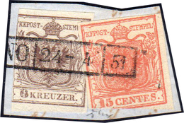 1851 - 15 Cent. Rosso Vermiglio, Carta A Coste Verticali, (14), In Affrancatura Mista Con 6 Kr. Brun... - Lombardo-Venetien