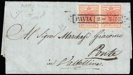 1852 - 15 Cent. Rosso Vermiglio, Carta A Coste Verticali, Coppia Orizzontale Con Un Esemplare Del II... - Lombardo-Vénétie