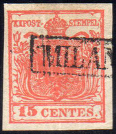 1851 - 15 Cent. Rosso Vermiglio, II Tipo, Carta A Coste Verticali (15), Perfetto, Usato A Milano. Be... - Lombardo-Vénétie