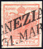 1851 - 15 Cent. Rosso Vermiglio Chiaro, II Tipo, Carta A Coste Verticali (15a), Perfetto, Usato A Ve... - Lombardo-Venetien