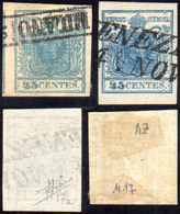 1851 - 45 Cent. Azzurro E Azzurro Scuro, Carta A Coste Verticali (17,17a), Usati, Perfetti. A.Zanari... - Lombardo-Vénétie