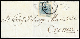 1851 - 45 Cent. Azzurro, Carta A Coste Verticali, Bella Varietà Di Clichè (17), Perfetto, Su Sovraco... - Lombardije-Venetië