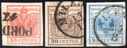 1853 - 15 Cent., III Tipo, 30 Cent. Bruno, I Tipo, 45 Cent. Azzurro, III Tipo, Tutti Con Carta Legge... - Lombardo-Vénétie