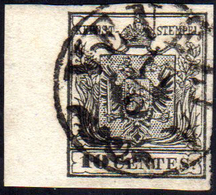 1857 - 10 Cent. Nero, Carta A Macchina (19), Ampio Bordo Di Foglio A Sinistra, Perfetto, Usato A Ven... - Lombardije-Venetië