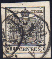 1857 - 10 Cent. Nero, Carta A Macchina (19), Perfetto E Con Margini Eccezionali, Usato. Splendido. C... - Lombardije-Venetië