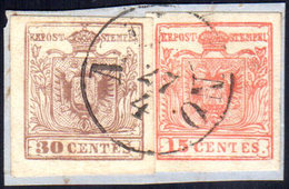 FALSI PER POSTA 1858 - 15 Cent. Rosso Vermiglio, II Tipo, 30 Cent. Bruno Rossastro, III Tipo, Entram... - Lombardo-Venetien