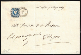 1859 - 15 Soldi Azzurro Vivo, I Tipo (27a), Perfetto, Su Sovracoperta Di Lettera Di Triplo Porto Da ... - Lombardo-Venetien