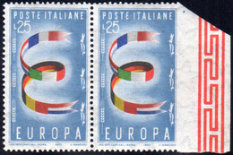 1957 - 25 Lire Europa CEPT, Non Dentellato A Destra, In Coppia Con Il Normale (817f), Bordo Di Fogli... - Sonstige & Ohne Zuordnung