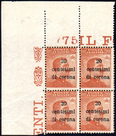 TRENTO E TRIESTE 1919 - 20 Cent. Su 20 Cent. (5), Blocco Di Quattro, Angolo Di Foglio, Numero Di Tav... - Other & Unclassified