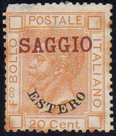 EMISSIONI GENERALI 1878 - 20 Cent. Arancio (11), Sovrastampato "saggio", Senza Gomma, Un Angolo Arro... - Amtliche Ausgaben