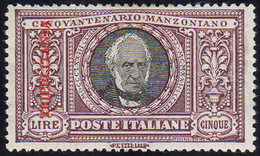 1924 - 5 Lire Manzoni (16), Buona/ottima Centratura, Gomma Integra, Perfetto. Cert. Raybaudi.... - Tripolitania