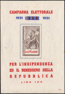 1951 - Vignetta A Sostegno Della Campagna Elettorale Del 1951 In Foglietto Da 100 Lire, Gomma Origin... - Blokken & Velletjes