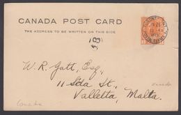 1925. CANADA POST CARD 1 CENT GEORG V (tear) To Malta TORONTO ONT. POSTAL TERML. JAN ... () - JF304891 - 1903-1954 Kings