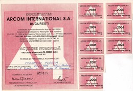 Romania, 1990's, Arcom International Company - Vintage Bond Certificate & Coupons, 5000 Lei - A - C