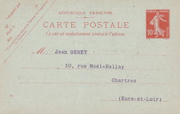 Carte Semeuse Camée 10 C Rouge E1 Neuve Repiquage Genet - Cartes Postales Repiquages (avant 1995)