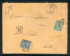 Enveloppe En Recommandé De Cognac Pour Le Lude En 1905, Affranchissement Semeuses - Réf N 87 - 1877-1920: Période Semi Moderne