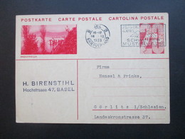 Schweiz 1933 Ganzsache Maschinenstempel Schweizer Mustermesse Nach Görlitz In Schlesien Bezüglich Himbeermuttersaft - Storia Postale