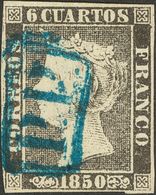 º1. 1850. 6 Cuartos Negro. Matasello P.P., En Azul De Barcelona. MAGNIFICO. - Andere & Zonder Classificatie