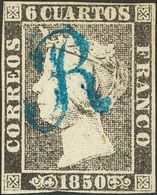 º1. 1850. 6 Cuartos Negro. Matasello "R", En Azul De Barcelona. MAGNIFICO Y RARO. - Sonstige & Ohne Zuordnung