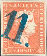 º3F. 1850. 5 Reales Rojo FALSO SPERATI. Matasello "11", En Azul De Zaragoza. MAGNIFICO. - Otros & Sin Clasificación