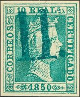 º5F. 1850. 10 Reales Verde FALSO SPERATI. Matasello "11", En Azul De Zaragoza. MAGNIFICO Y RARO. - Otros & Sin Clasificación