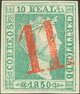 º5F. 1850. 10 Reales Verde FALSO SPERATI. Matasello "11", En Rojo De Zaragoza (este Color Nunca Se Utilizó En Zaragoza C - Otros & Sin Clasificación