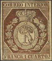 (*)22. 1853. 1 Cuarto Bronce. Amplios Márgenes Y Excelente Color. MAGNIFICO. Cert. GRAUS. - Other & Unclassified